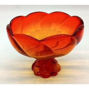 1970s Viking Glass Persimmon Amberina 8 Petal Swirl Pedestal Compote Bowl Glows
